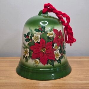 Vintage Large Christmas Bell Poinsettia Holly Floral Red Green 1978 7" Tall